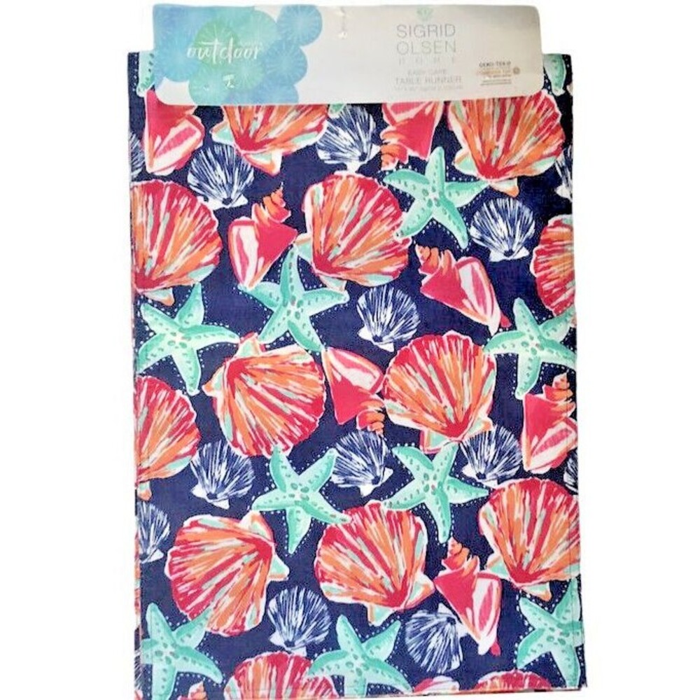 Sigrid Olsen Table Runner 15x90 Beach Seashells Reversible Indoor Outdoor Navy